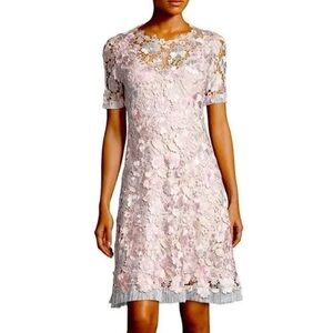 Elie Tahari Elegant Lace Floral Laura  Dress in Pink and White